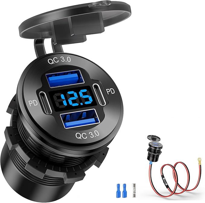 12V USB Outlet, 4 Port Aluminum Charger Socket 2 C PD & 2 QC3.0 with Voltmeter, 12V/24V Car USB Charger Socket for Car Boat Marine Bus Truck Golf RV Motorcycle and More 1-Pack
