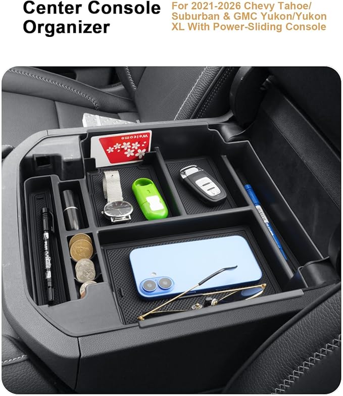 ECOZEN Center Console Organizer For 2021-2026 Chevy Tahoe/Suburban(Premier/High Country) & Yukon/Yukon XL(Denali/Denali Ultimate) Accessories Upgraded - Only Fit For Power Sliding Center Console