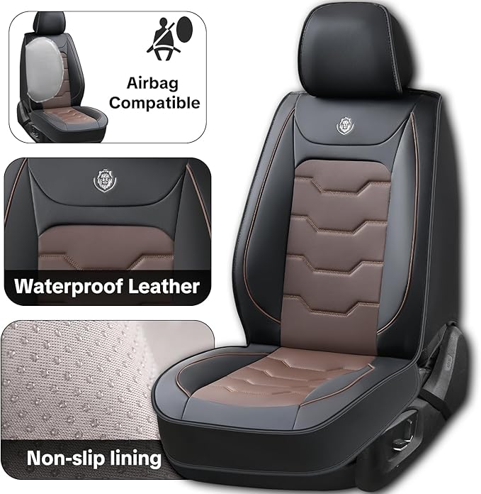 Universal Car Seat Covers, Waterproof Faux Leather, Full 5-Seat Set, Non-Slip, Contoured Fit, Fits Most Vehicles, Upgraded Protection for Car Interiors, Airbag Compatible