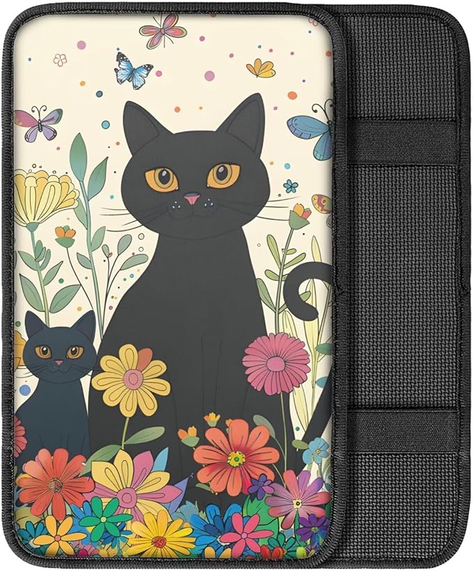 Dreaweet Car Armrest Cover Cute Black Cat Floral Car Accessories for Women Car Center Console Pad Universal Fit Armrest Cover Protector for Cars,SUV,Trucks