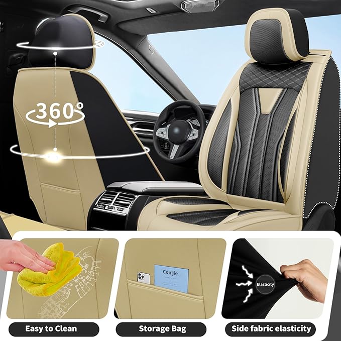 Fit FJ Cruiser Car Seat Covers Premium Leather for Toyota Fj Cruiser 2007-2013 2014. Waterproof， Breathable，Scratch-Resistant & All-Weather Seat Cushion Protector (Front Pair, Beige & Black)