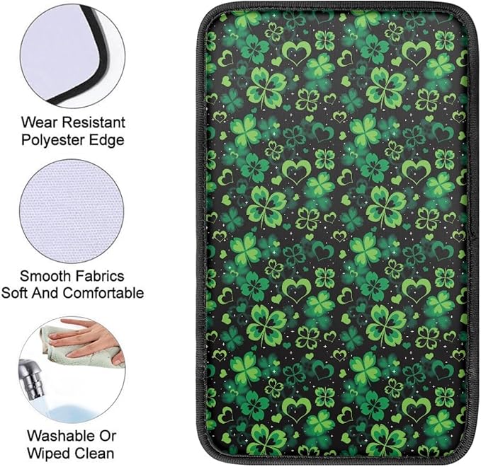 UNICEU St Patrick's Day Decor Automobile Interior Decor Lucky Green Leaf Print Armrest Cover for Women, Soft Car Center Console Armrest Protector Cover Pad