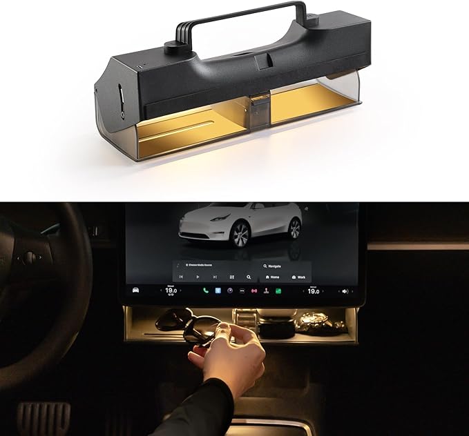 TPARTS Hidden Magnetic (Under Screen) Storage Box for Tesla Model 3/Y with Open-Close Design Center Console Organizer Dashboard Vehicle Tissue Holder with Smart Warm White Light