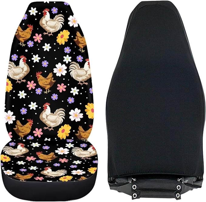 BIGCARJOB Boho Chicken Car Seat Protector - Full Set of 2 Pieces Hippie Daisy Chicken Vehicle Bucket Seat Pad for Women's Auto Interior