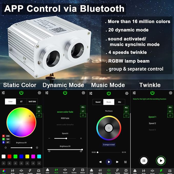 AZIMOM Dual Port 16W Twinkle Bluetooth Fiber Optic Lights Star Ceiling Light Kits 1100pcs*0.03in*13.1ft Fibers Strands Sound Activated RGBW APP/Remote for Car Home Starlight Headliner Décor