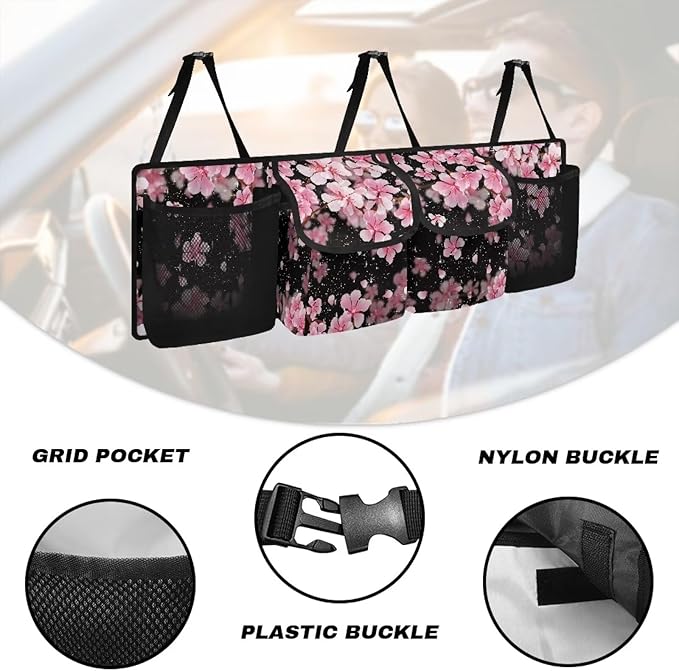 Pink Cherry Blossom Trunk Organizer Car Women Car Back Seat Organizer Multipurpose Cargo Accessory with Adjustable Straps