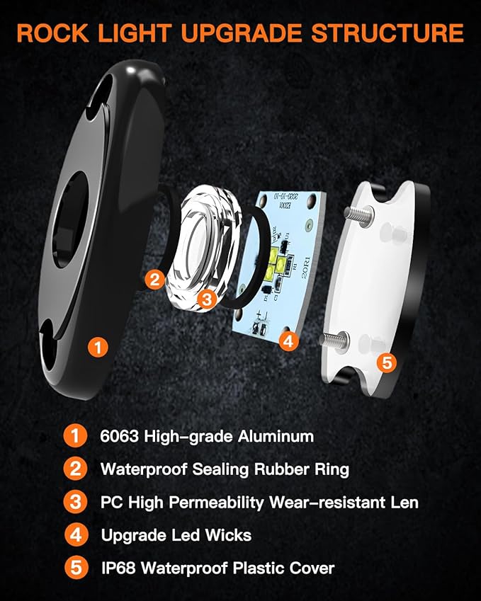White Rock Lights,LEDMIRCY R1 LED Rock Lights Kit with Toggle Switch Wiring Harness 16PCS Luces para Carro for Trucks ATV UTV Under Glow Light High Power IP68 Waterproof