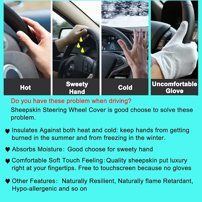 3Pcs Set Fashion Fluffy Fuzzy Wool Fur Soft Car Steering Wheel Cover with Handbrake Cover & Gear Shift Cover for Women/Girls/Ladies Auto Long Wool Accessories, Dark Red