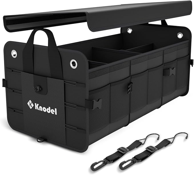 K KNODEL Car Trunk Organizer, Foldable Cover, Heavy Duty Collapsible Truck Storage Organizer, Car Cargo Trunk Organizer with Lid, 3 Compartments, with Straps (Black)