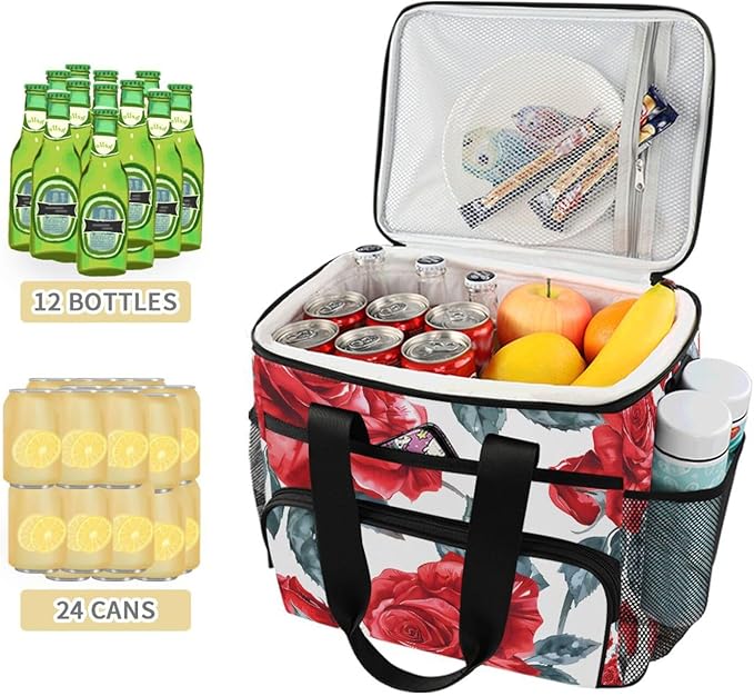 Red Rose Flower Cooler Bag Insulated Cooler Soft Sided Cooler 24 Can Portable Picnic Bag Large Leakproof Lunch Bag Box for Beach Grocery Camping Travel Car Men Women