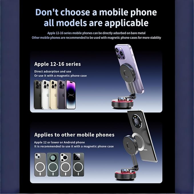 2026 Upgraded Vacuum Magnetic Mobile Phone Holder Cars for Magsafe Car Mount, Exclusive Metal Adjustable Telescopic Rod,Suction Cup Mobile Phone Holder for iPhone17 Pro Max 16 15 14 13 12 & Samsun