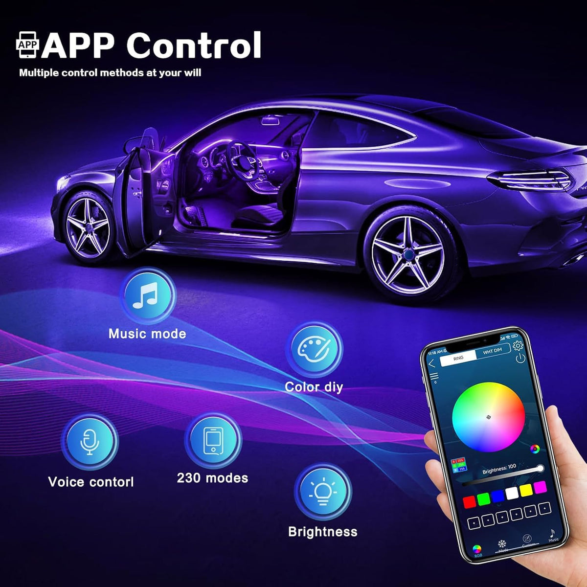 Acrylic Interior Car LED Strip Light with Wireless APP, Car Accessories 18 in 1 with 175 inches 593 LEDs Fiber Optic Ambient Lighting Kits, RGB Dynamic Music Sync Neon LED Strip Light for Car
