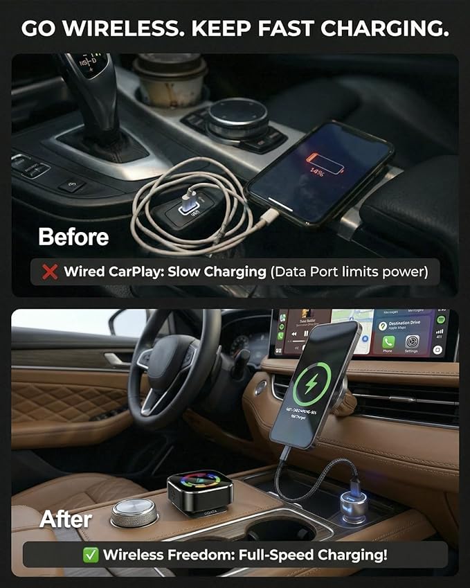 Wireless CarPlay Adapter & Android Auto Wireless Adapter, 2-in-1 CarPlay Car Adapter Dongle, Convert Factory Wired Apple CarPlay to Wireless, Ultra-Mini Plug & Play, Includes USB C & USB-A