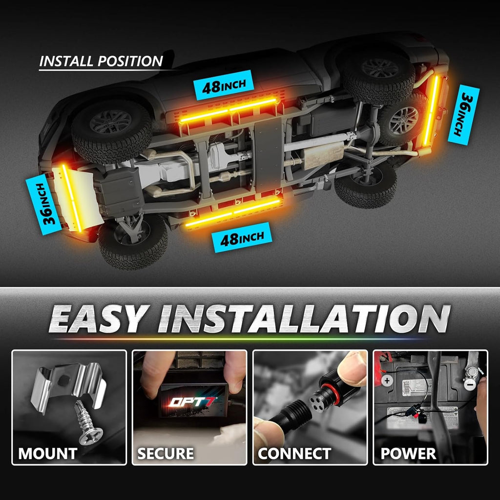 OPT7 Aura Pro Underglow LED Lights Kit for Car with APP & Remote Control, RGB Multicolor Modes, Music Sync, Waterproof Rigid Aluminum Light Bar, Exterior Neon Accent Underbody Lighting Kit