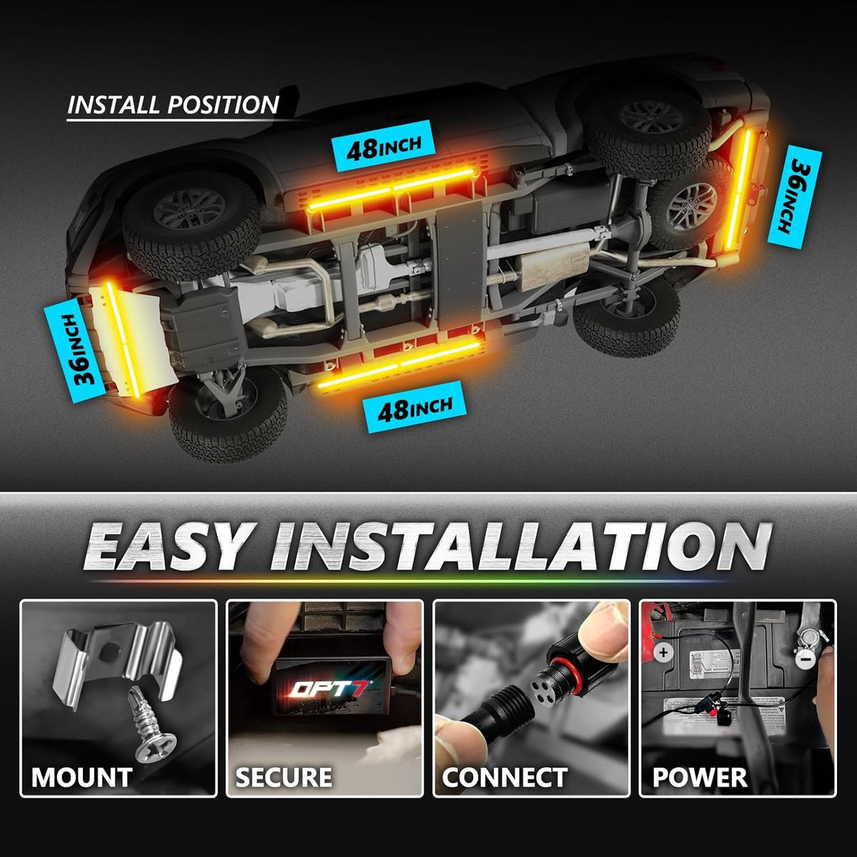 OPT7 Aura Pro Underglow LED Lights Kit for Car with APP & Remote Control, RGB Multicolor Modes, Music Sync, Waterproof Rigid Aluminum Light Bar, Exterior Neon Accent Underbody Lighting Kit