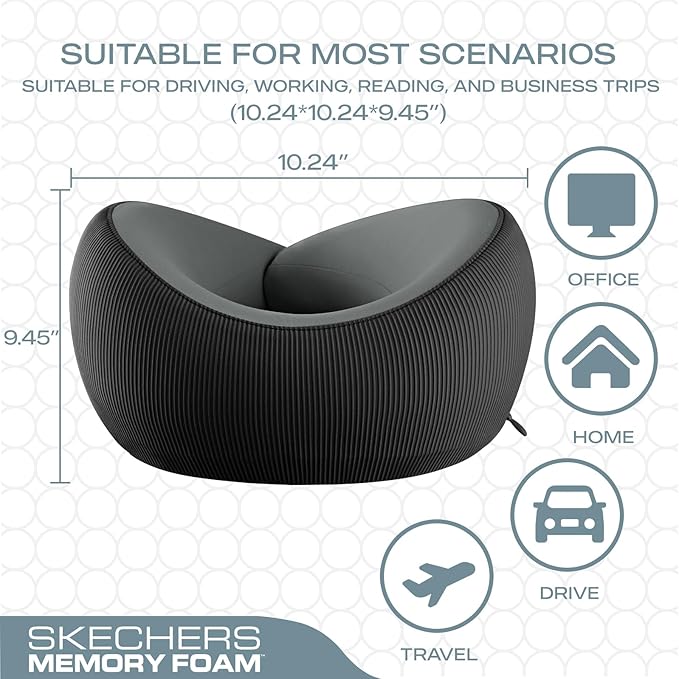 Skechers Men's Memory Foam Neck Pillow, Comfortable & Breathable Travel Pillow,Neck Pillow Airplane for Travel, Car Rides, Home, and Office Use, Ergonomic Design for Men and Women,Black