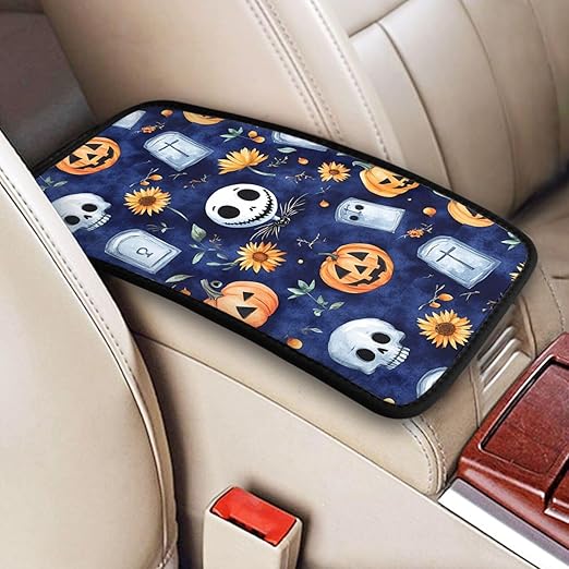 Skull Skellington Halloween Pumpkins Sunflowers Car Auto Armrest Cushion Cover Accessories Center Console Seat Box Pad Protector Universal Decoration for Most Vehicle SUV Truck