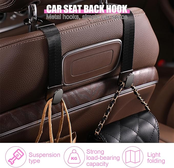 Car Headrest Hooks, 2PCS Vehicle Back Seat Storage Organizer Hanging Holder for Purse Bags Grocery, Adjustable Automotive Interior Hanger Accessories, Universal Fit (Black)