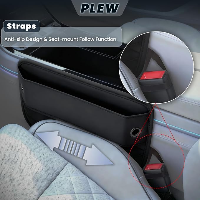 2-Pack Car Seat Gap Filler Organizer - Upgraded Anti-Slip Strap Design - Premium Leather Side Console Pocket - Prevent Phone Falling - (0.2”-1.2" Gaps),Clever Gifts For SUV, Truck & Sedan, Black