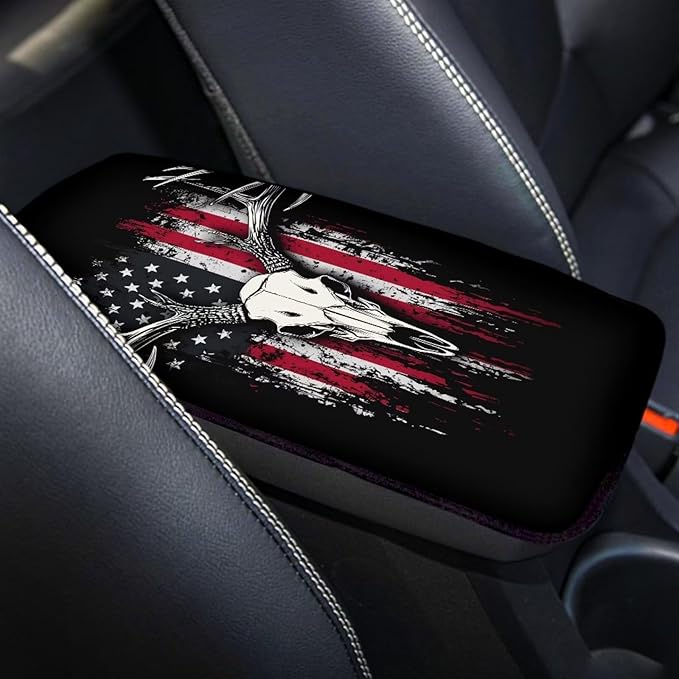 Deer Skull Print Car Center Console Pad American Flag Print Armrest Seat Box Cover Protector for Auto Interior Decor Dust-Proof Universal Neoprene Armrest Pad