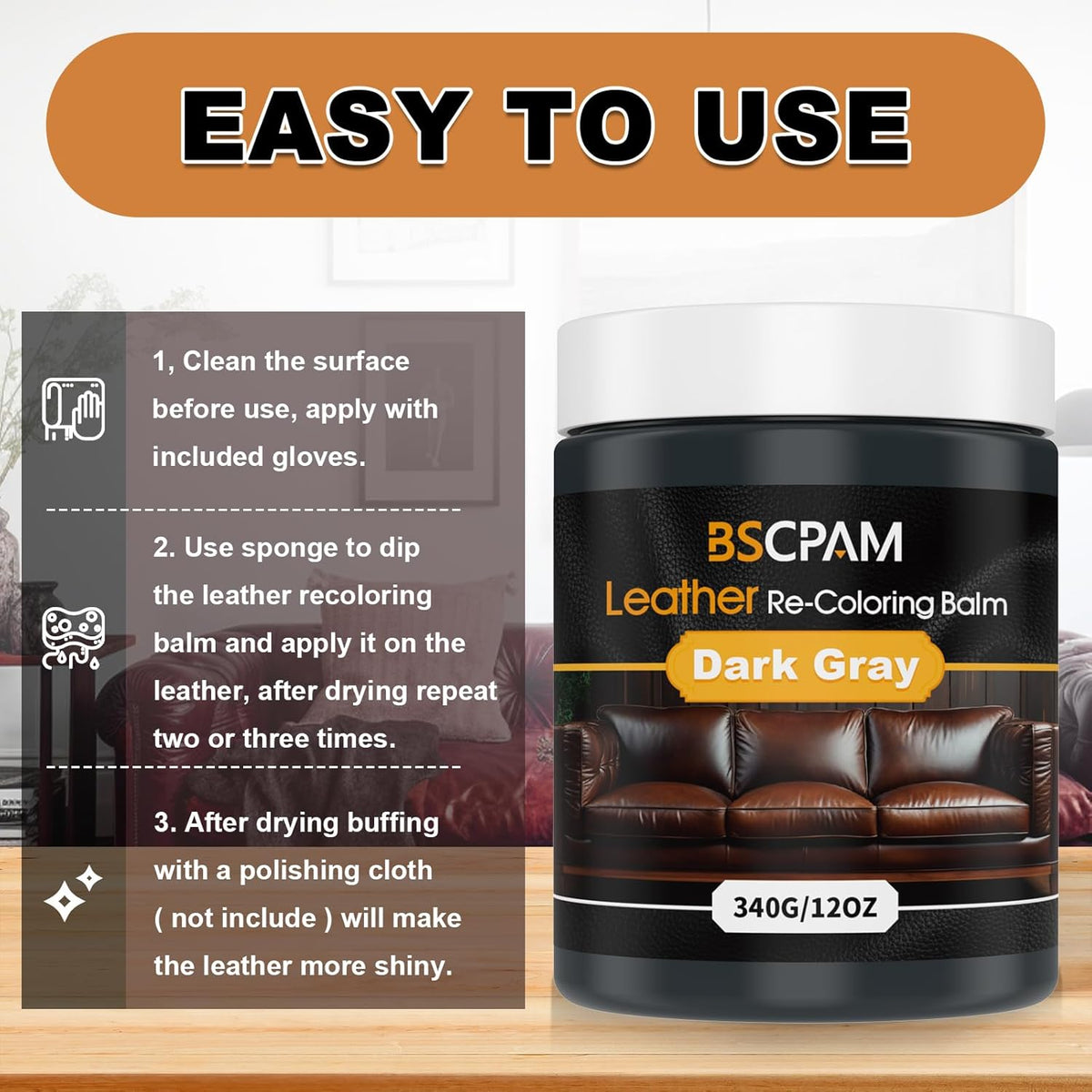 Dark Gray Leather Recoloring Balm, 12oz Leather Color Restorer for Couches, Leather Repair Kit for Furniture, Leather Dye for Leather Fade, Leather Repair Restore car seat
