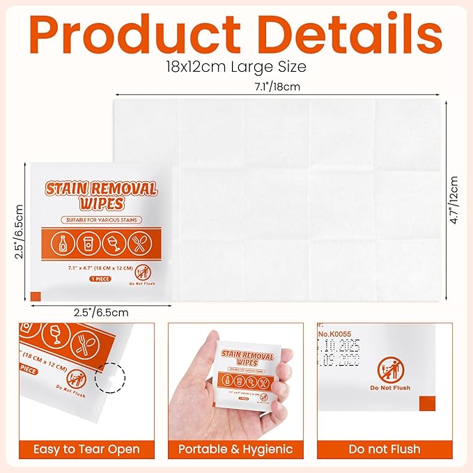 Stain Remover Wet Wipes Bulk, Individual Wrapped Clothes Portable Travel Messy Eater Cleaning Laundry Stain Removal Wipes Pocket Size for Clothing Fabric/Wine/Fast Food 7.1 x 4.7 Inch (White 100)