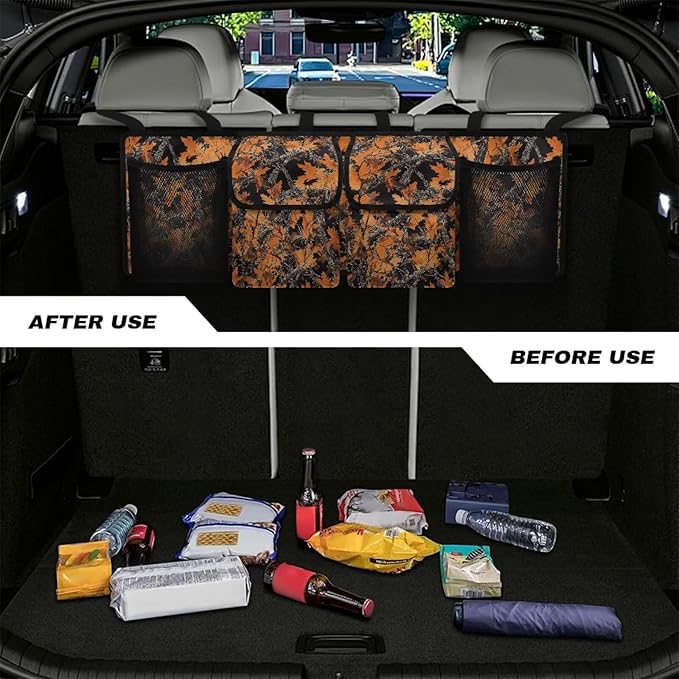 Orange Camo Hunting Hanging Trunk Organizer for SUV, Car Storage Organizer, Waterproof Back Seat Organizer for SUV, Car Organizers and Storage with Adjustable Straps