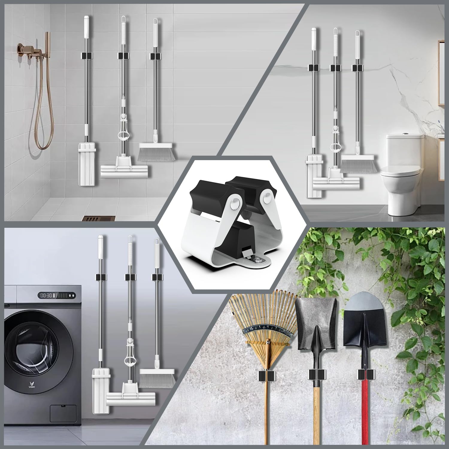 3-H Broom Hanger,Mop Holder Wall Mount 30 Pack, Broom Holder Wall Mount for Hanging and Organizing Shovel,Rake,Brush,Yard Tools in Kitchen,Laundry Room,Bathroom,House(Black)