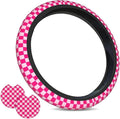 Pink Checkered Steering Wheel Cover Checkered hot Pink Steering Wheel Cover of Wome Anti-Slip Breathable Universal 14-15 Inch Car with 2 Pcs Car Coasters Suitable Men Women