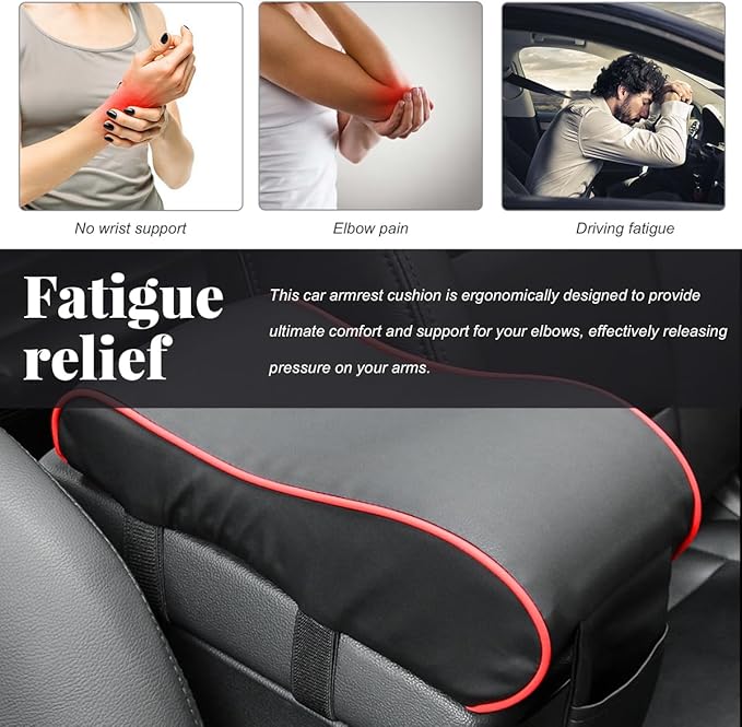 Car Center Console Cover, Soft Memory Foam Auto Arm Rest Pillow with Phone Holder Storage Bag, Waterproof Leather Armrest Seat Box Protector Comfy Cushion Pad for Most Cars (Black&Red)