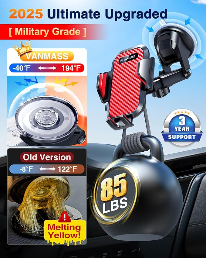 VANMASS Phone Holders for Your Car 2026 Ultimate Phone Mount Military-Grade Windshield Dashboard Vent【Newest Best Strongest】 Cell Phone Car Mount for iPhone 16 Pro Max 15 Samsung Android,Red