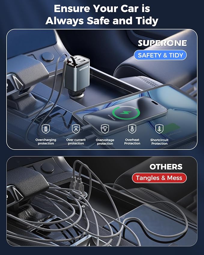 2026 Ultra-Compact SUPERONE Retractable Car Charger, 5 in 1 Car Phone Charger with USB C & Apple Cables, 84W Fast Charging USB C Car Accessories Adapter for iPhone 17/16/15/14/13, Galaxy, Pixel