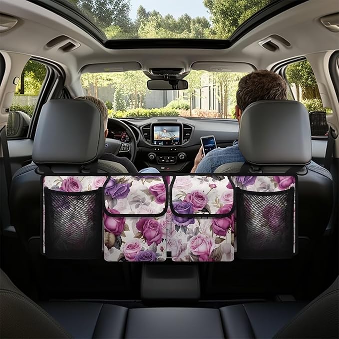 Pink Purple Rose Backseat Trunk Organizer for Car Organization Women Large Capacity Cargo Bag,4 Compartments,Car Accessories