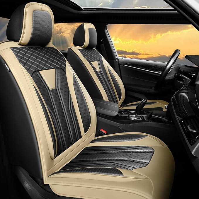 Fit Sentra Car Seat Covers Compatible with Nissan Sentra 2001-2025 2026 - Full Set Premium Leather， Waterproof Breathable， All-Weather Seat Cushion Protecto&Airbag Compatible （Beige & Black