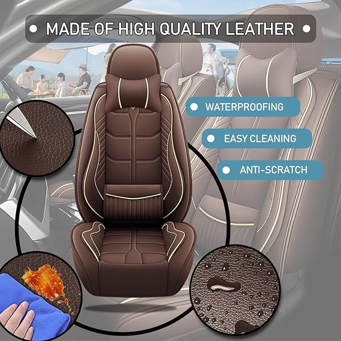 Leather Car Seat Covers Fit for Toyota Avalon 1996-2024, 5 Seater Car Seat Cover, Premium Waterproof, Scratch Resistant Car Interior Accessories (Full Set with Pillow Coffee)