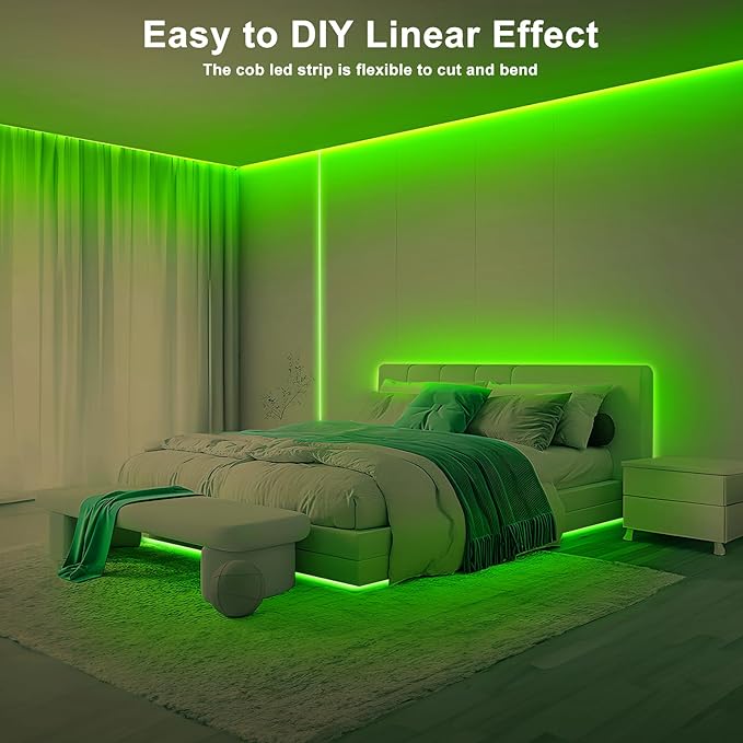 Tatazone 32.8ft Green COB Led Strip Lights with RF Remote, Dotless, Indoor, Dimmable, Adhesive Led COB Light Strip for Cabinet, Room, Bed, Paintings