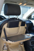 Luxury PU Leather Car Backseat Organizer with Foldable Table – Multi-Functional Car Seat Storage. Waterproof Travel Back Seat Organizer with Cup Holders, Tissue Box & Tablet Pocket (Beige)