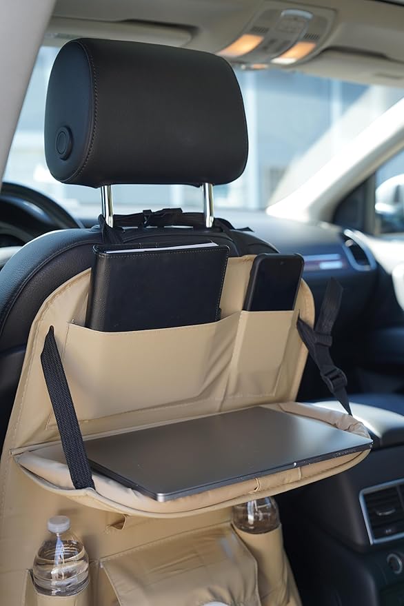 Luxury PU Leather Car Backseat Organizer with Foldable Table – Multi-Functional Car Seat Storage. Waterproof Travel Back Seat Organizer with Cup Holders, Tissue Box & Tablet Pocket (Beige)