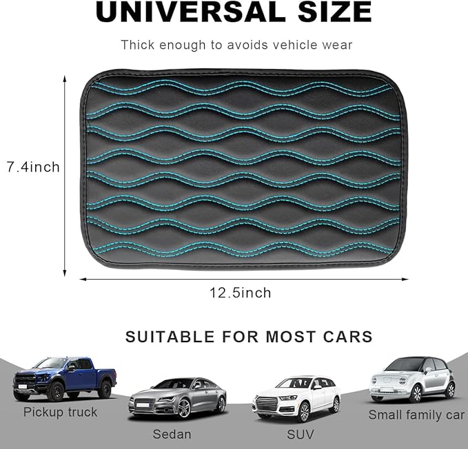 Car Center Console Cushion Pad, 12.48×7.40 Inches Waterproof Car Armrest Seat Box Cover, Comfortable PU Leather Vehicle Armrest Cover Protector, Car Decor Interior Accessories (Black＋Blue)