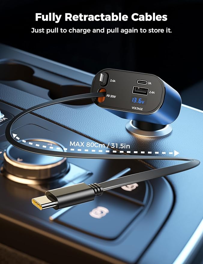 SUPERONE 【Upgraded】 Retractable Car Charger 4 in 1, Fast Car Phone Charger with Cord 2.6ft, USB C and Apple Car Charger Adapter, Compatible with iPhone 17/16/15/15 Pro Max/14/13/12/11, Galaxy, Pixel