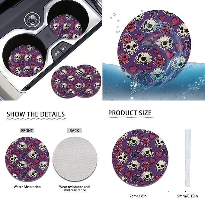 FKELYI Skull Rose Car Seat Full Set - Front and Back, Handbrake and Gear Shifter Knobs, Steering Wheel Cover, Cup Coasters