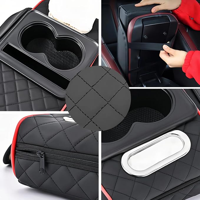 Multifunctional PU Leather Car Armrest Box Mat, 5-in-1 Multifunctional Car Armrest Cushion, Center Console Cover with 2 Cup Holder, For Storing Tissues, Phones, Wallets, Drinks, for Most Cars (Beige)