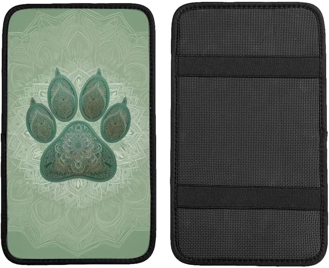 Universal Center Console Cover Dog Paw Print Arm Rest Covers Armrest Cover Boho Vintage Sage Green Middle Console Covers Lid Cushion Pad for Most Vehicle, SUV, Sedan, Car Accessories