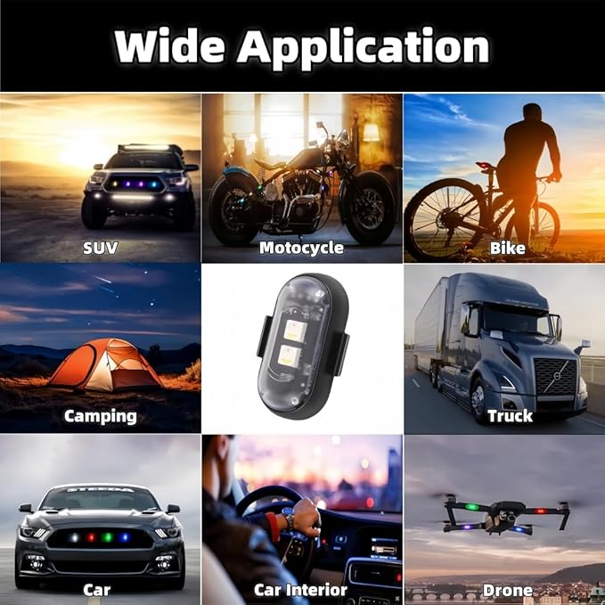 6PCS Wireless LED Strobe Lights with Remote Control, Wireless LED Warning Lights 8 Colors USB Charge IP65 Waterproof Anti-Collision, for Car Interior Motorcycle Bike Drone Car Truck RC Aircraft