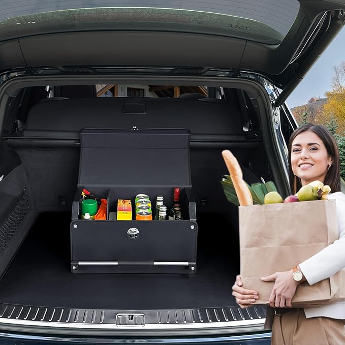 XCF Car Trunk Organizer, Leather Trunk Organizer for SUV with Lid and Sturdy Handle Car Storage Organizer (Black, 20.47 x 11.42 x 12.2in)