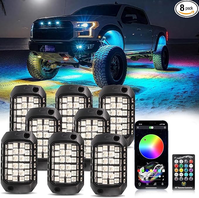 Rock Lights for Trucks, 8 Pods RGB LED Rock Lights with APP/Remote Control & Music Mode, High Bright Multilcolor Waterproof IP68 Rock Neon Light Kits for Pickup Off Road RZR SUV ATV UTV Car