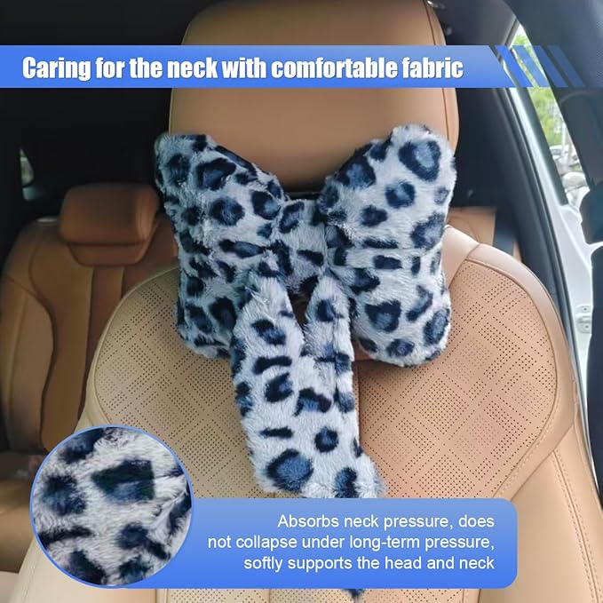 2PCS Cute Bow Car Headrest Pillow, Soft Breathable Leopard Plush Car Neck Support Pillow, Comfortable Warm Ergonomic Auto Interior Head Rest Cushion for Women, Girl (Blue)