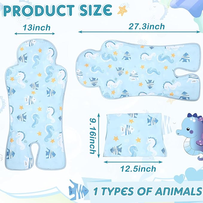 Pinkunn Gel Car Seat Baby Cooling Pad for Summer Breathable Stroller Cooler Pad Multifunctional Carseat Cooling Mat for Baby Child Dining Chair Safety Seat Stroller(Blue,Seahorse)
