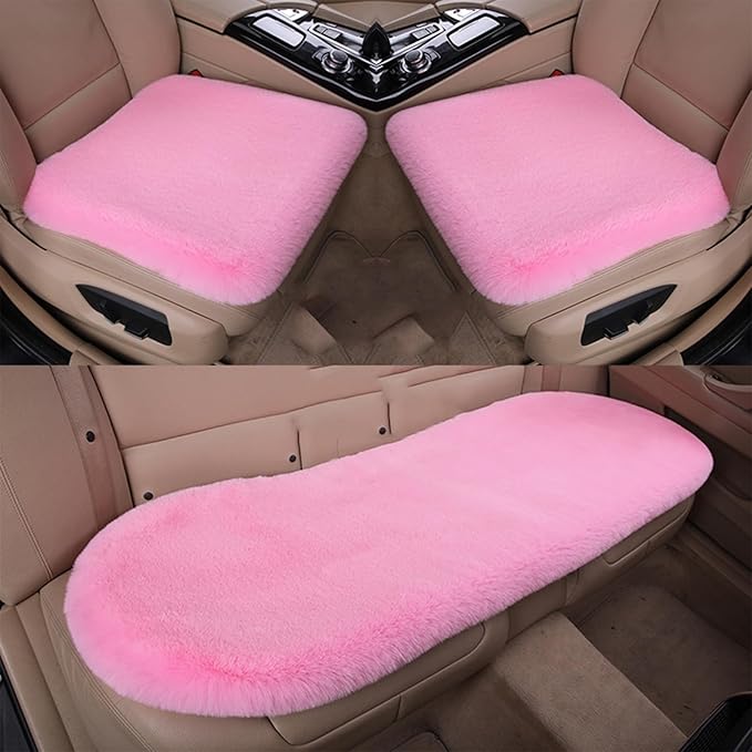 Plush Car Seat Cushion, Soft Warm Fuzzy Faux Rabbit Fur Fluffy Plush Auto Seat Cover Vehicle Car Front and Back Seat Protector Pad with Non-Slip Backing Cushion Interior Universal Fit (Pink1,3PCS)