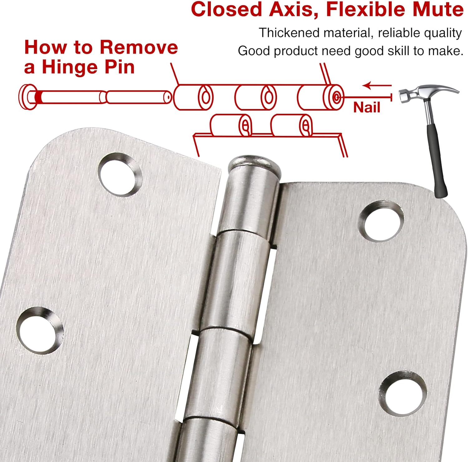 100 Pack Interior Door Hinges Brushed Nickel 3.5 inch x 3 1/2" 5/8" Round Residential Bi-fold Bedroom Standard Hinge for Wood Single/Double Bedroom Doors Silver House Hardware Kit Controls 3 ½"